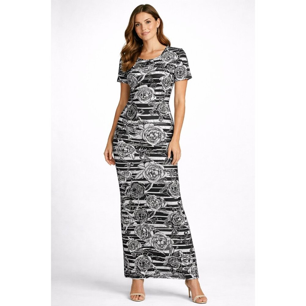 LuLaRoe Black White Floral Stripe Maxi Dress Short Sleeve Size XXS NWT